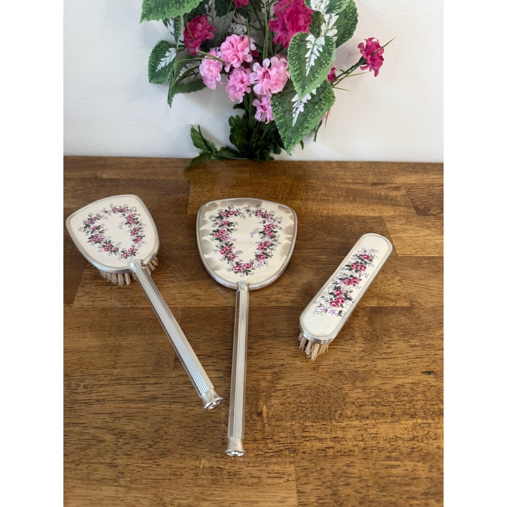 Vintage Floral Vanity Set Hand Mirror Hair Brush Clothes Brush Pink Roses